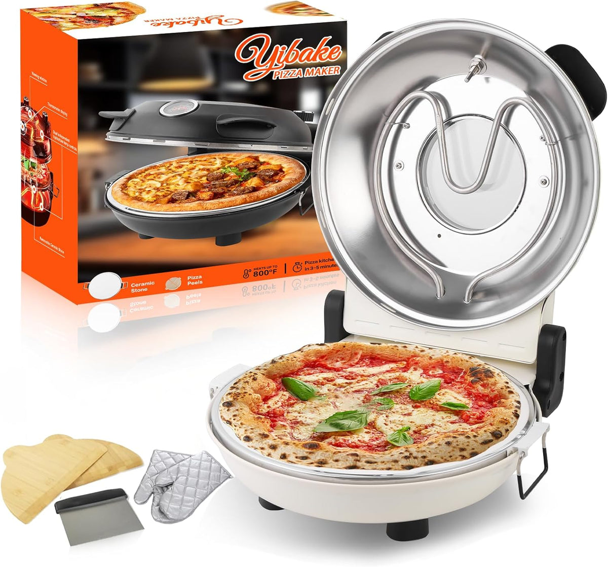 12" Electric Pizza Oven - Countertop Pizza Maker with Ceramic Stone, Heats up to 800°F, Portable Indoor Pizza Oven for Homemade Pizzas, White