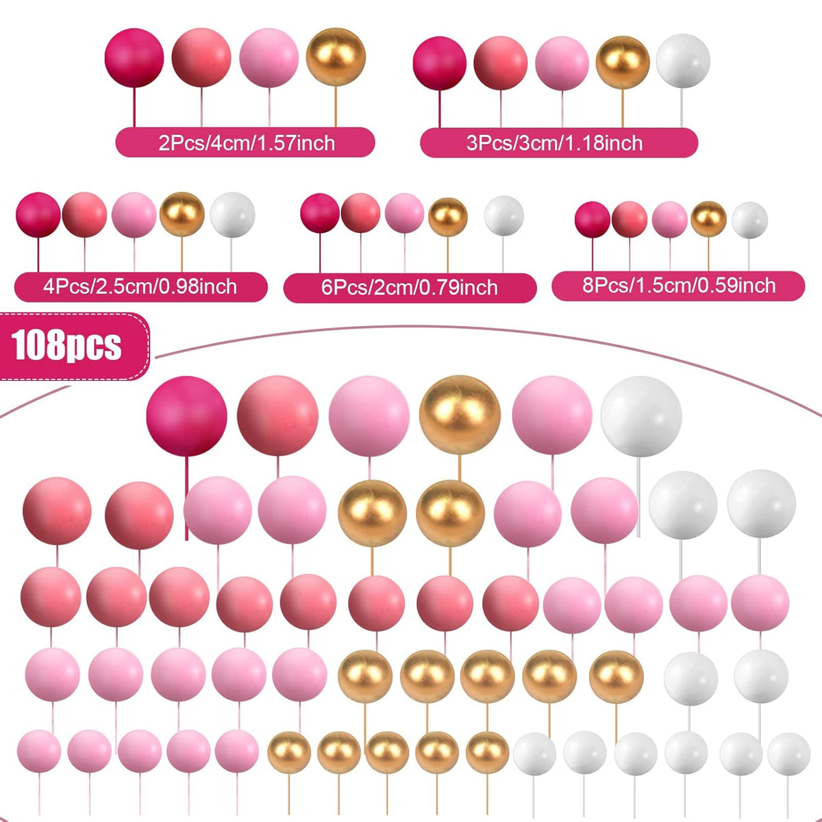 108 Pcs Balls Cake Topper DIY Cupcake Insert Foam Balloons for Cake Baking Wedding Anniversary Birthday Decoration(Pink Series, White, Gold,Multi Sizes)