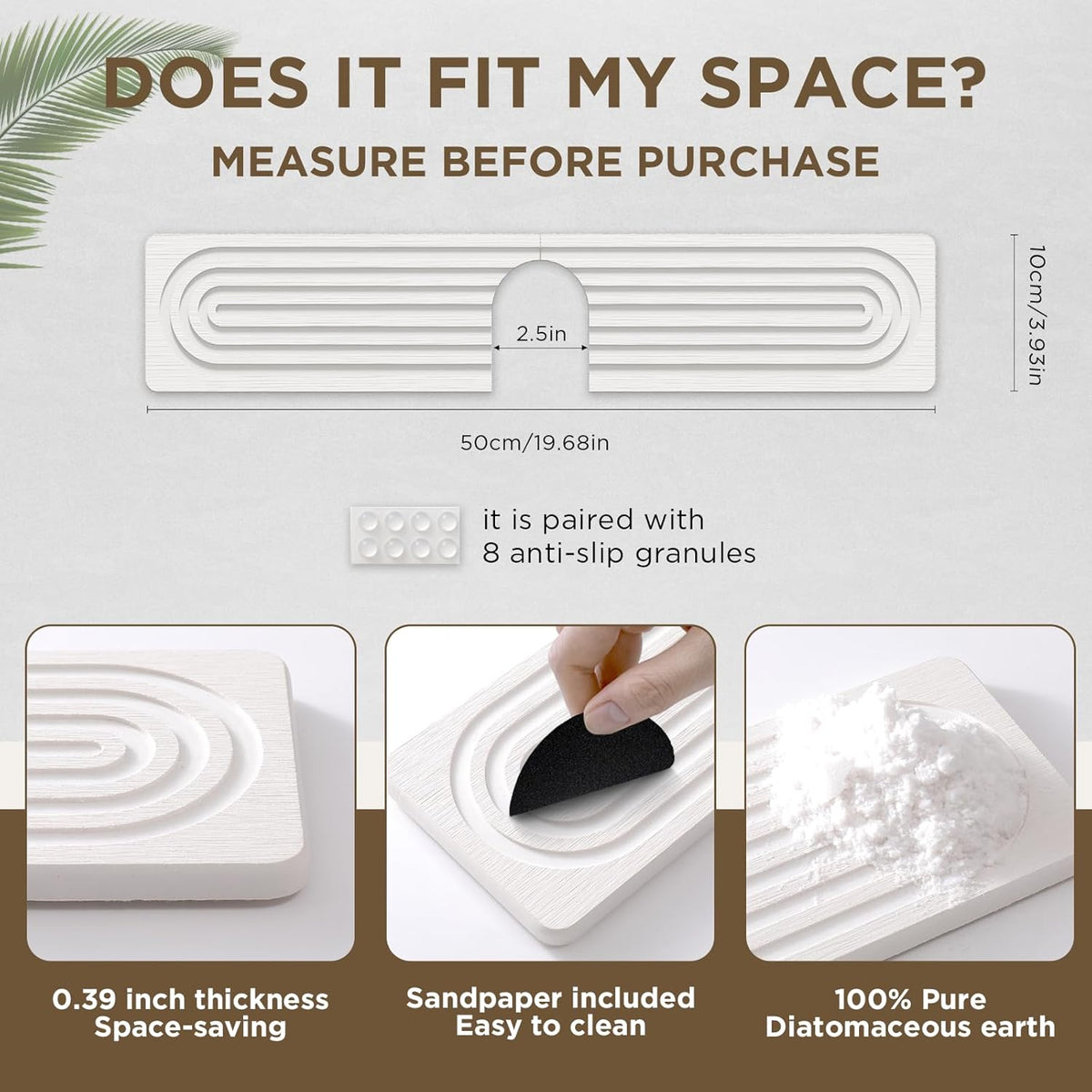 Faucet Mat for Kitchen Sink, Diatomite Stone Drying Sink Protectors, Bathroom Faucet Splash Guard, Quick Dry Water Absorbing, Non-Slip Stone Tray for Kitchen Counter, White, 20" x 3.9"