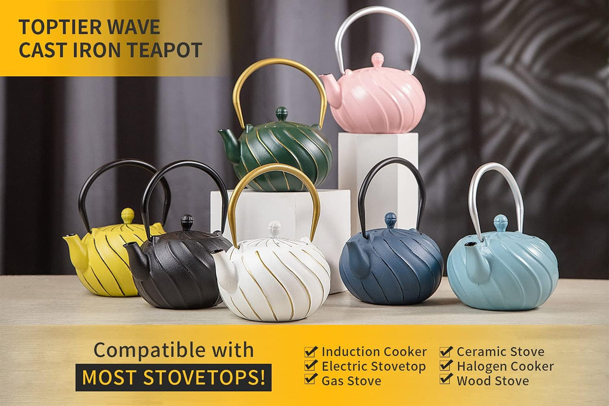 Stovetop Tea Kettle, TOPTIER Japanese Cast Iron Tea Kettle with Infuser for Loose Leaf and Tea Bags, Cast Iron Teakettle Coated with Enameled Interior for 40 oz (1200 ml), Midnight Black