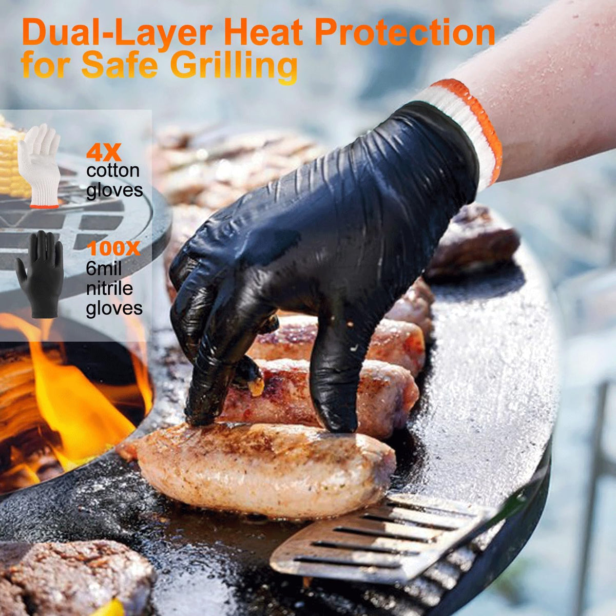 BBQ Gloves for Cooking Baking Grilling, 100 Count Disposable Nitrile Gloves and 4 Count Cotton Glove Liners Washable (6mil Nitrile, X-Large)