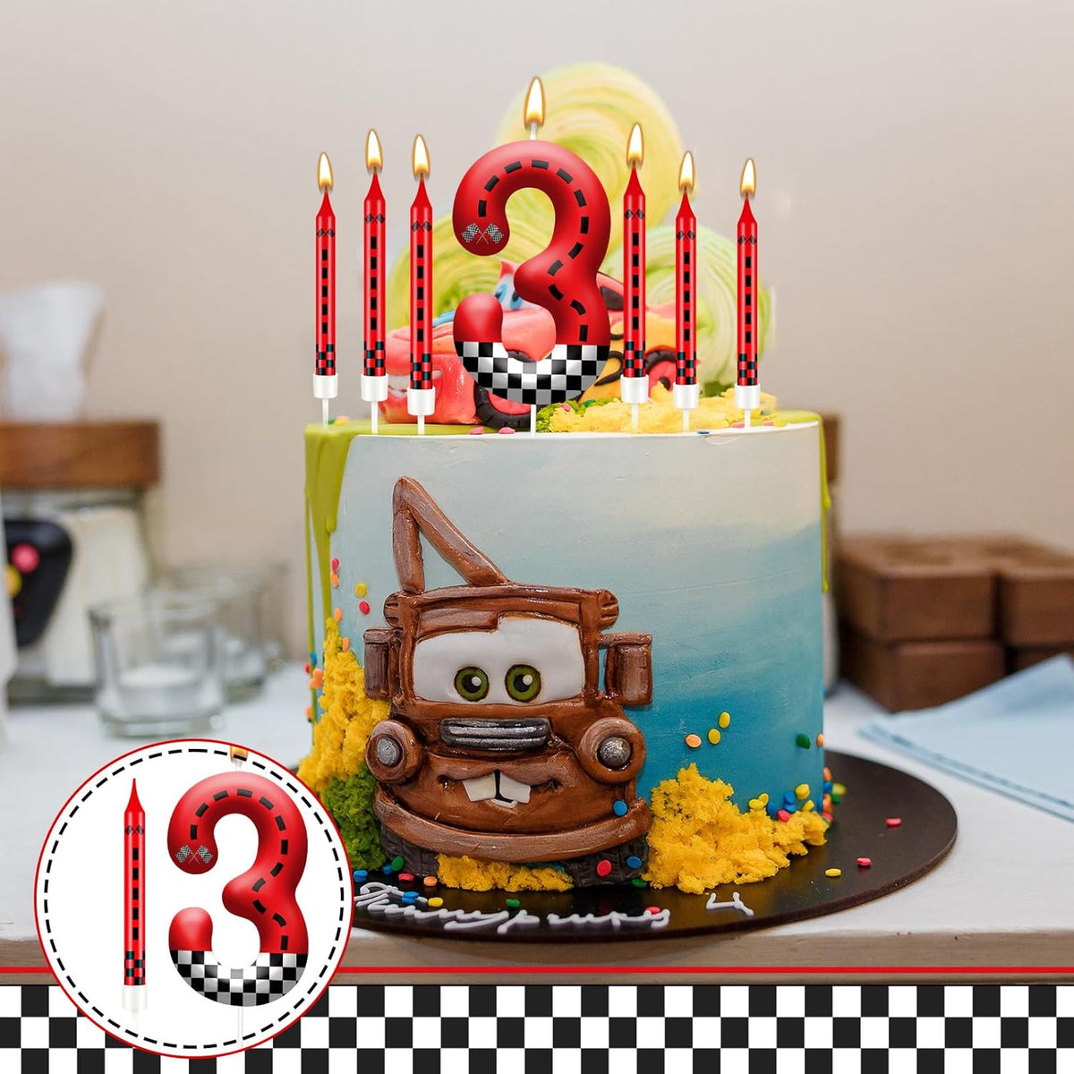 13PCS Racing Car Theme Birthday Candle Set with Checkered Flag Design - Durable Cake Topper for Race Car Party Decorations, Kids Birthday Supplies - Number 3 Candle for Racing-Themed Celebrations