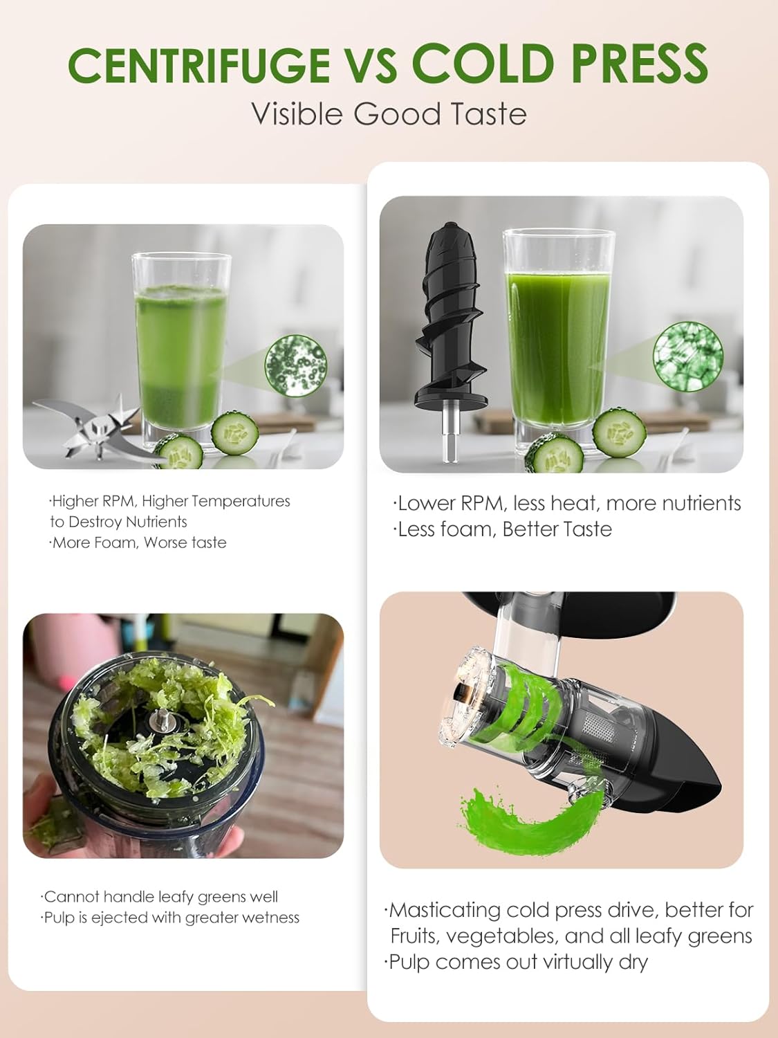 Cold Press Juicer Machine for Fruits & Vegetables, Masticating Juicer, Wheatgrass Celery Juicer with 200W Quiet Motor Reverse Function, High Juice Yield Slow Juice Extractor BPA-Free Easy to Clean