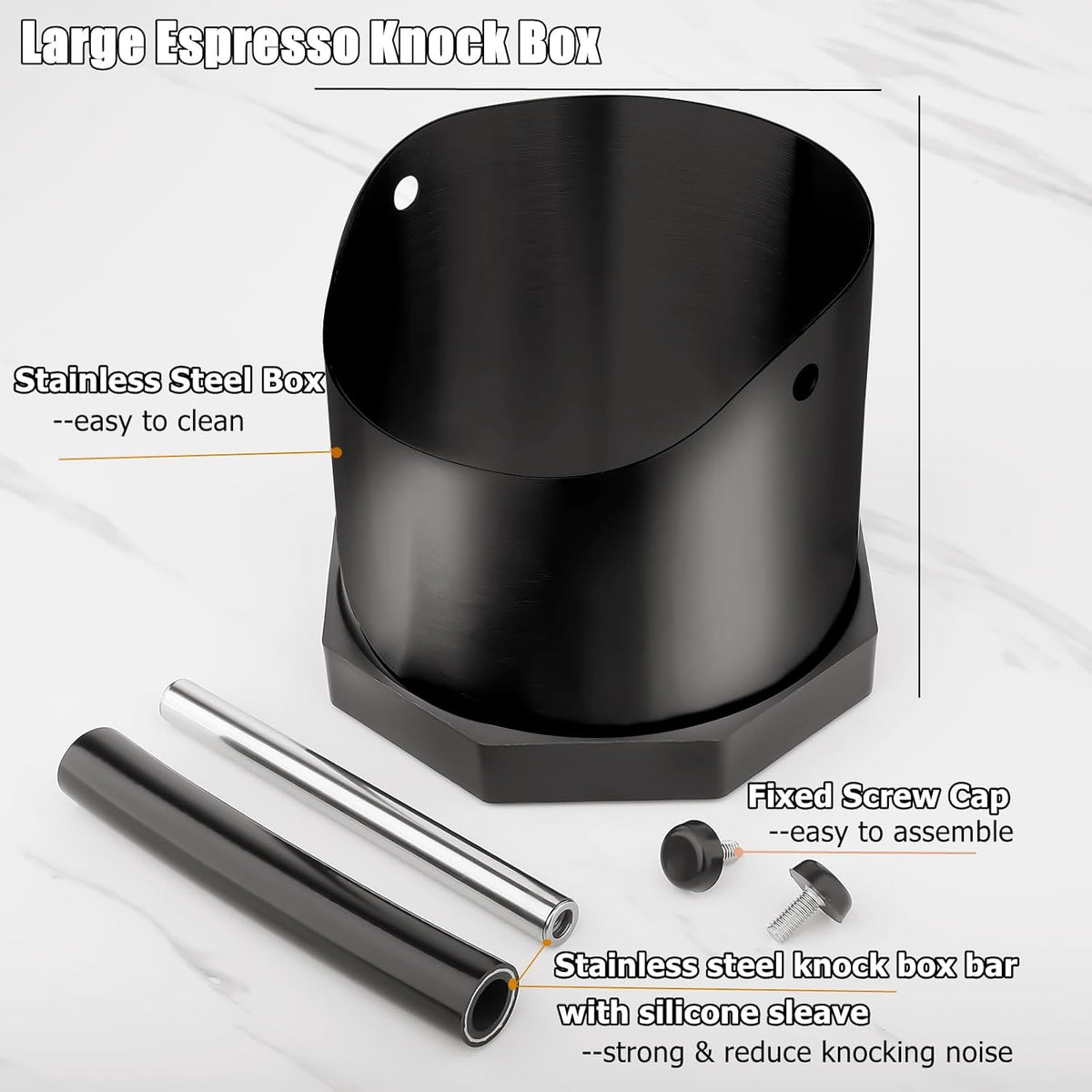 Coffee Knock Box, Large Capacity Espresso Knock Box with Non-Slip Base, Coffee Measuring Cup, Coffee Puck Knock Box Stainless Steel for Espresso Machine Coffee Grounds (Black)