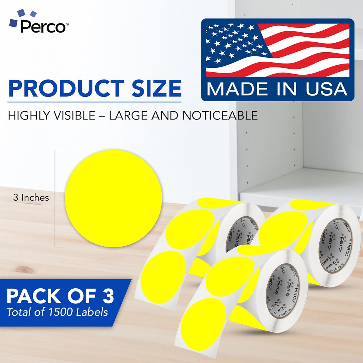 Perco Fluorescent Yellow 3-Inch Round Circle Dot Sticker Labels - Multi-Roll Pack (3 Rolls, 500 Labels Each) - Permanent Adhesive, Vibrant Colors, Strong Hold - Perforated for Easy Use - Made in USA