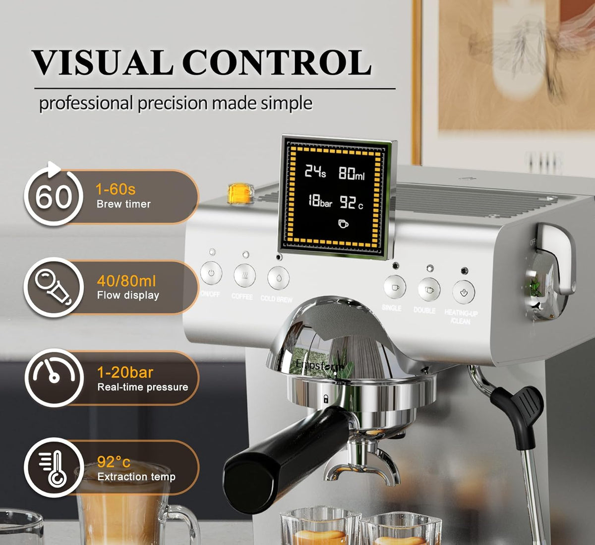 Espresso Machine 20 Bar with Steam Milk Frother, Stainless Steel Espresso maker with LED Display | Cold Brew & Hot Coffee Maker, Professional Cappuccino Expresso Machine for Home and Office