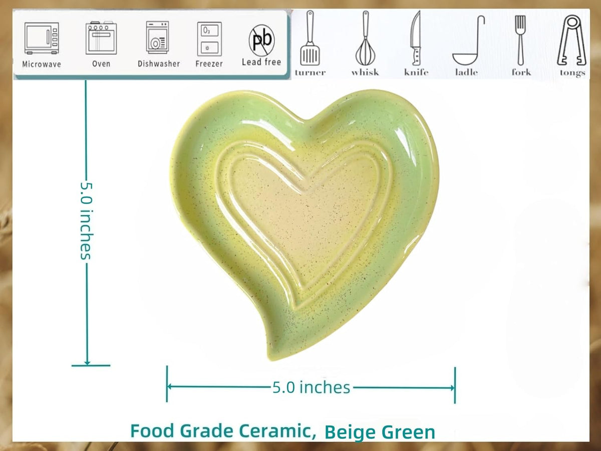 Ceramic Spoon Rest for Stove Top, Heart Cute Spoon Rest for Kitchen Counter, Cooking Spoon Holder for Kitchen Counter, Utensil Rest Spatula Rest Ladle Holder Tong Rest (Yellow Green)