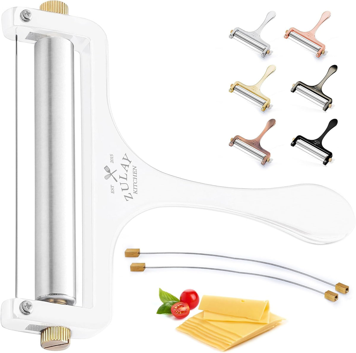 Zulay Kitchen Stainless Steel Wire Cheese Slicer - Adjustable Hand Held Cheese Cutter with 2 Extra Wires - Premium Cheese Shaver For Mozzarella, Cheddar, Gruyere - Cheese Cutter with Wire (White)