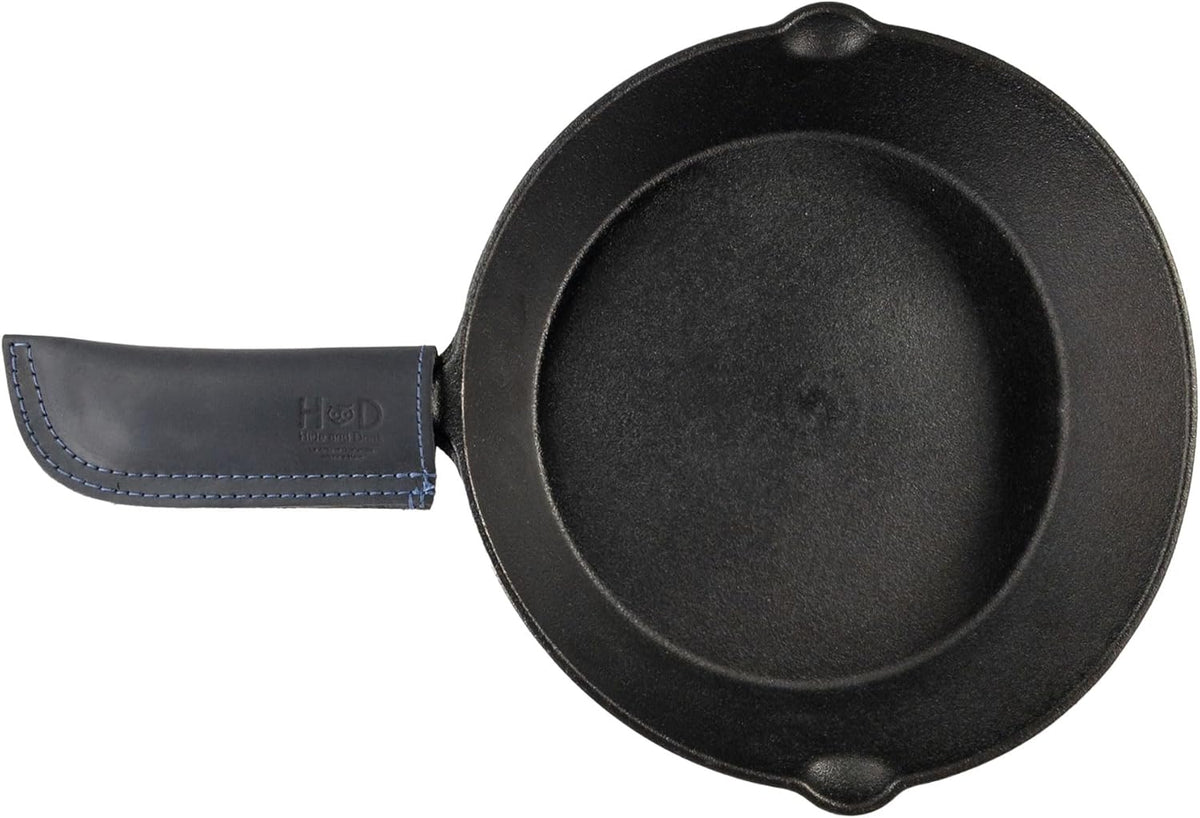 Hide & Drink, Full Grain Leather Hot Handle, Cast Iron Protector, Panhandle Potholder, Double Layered, Double Stitched, Slides On/Off Easily onto Metal Skillet Grips, Handmade, Slate Blue