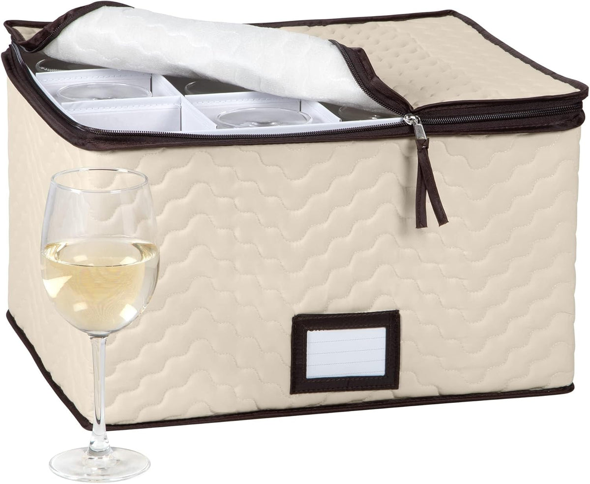 Wine Glass Storage Box with Dividers - Holds 12 Glasses up to 3.75" Wide - Stemware Storage Case - Protects Fine China - Durable Quilted Microfiber Bin with Carry Handles - Ideal for White Wine
