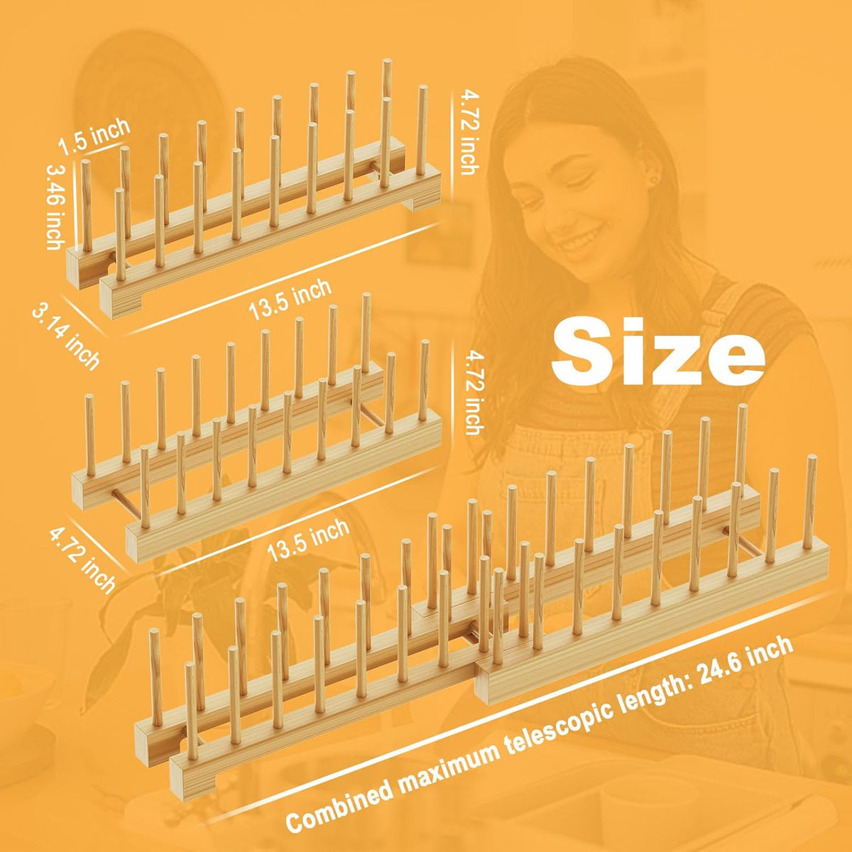Bamboo Dish Rack - Expandable Plate Rack & Dish Drying Rack for Kitchen Cabinet Storage, Adjustable Multi-Functional Design Organizer for Plates, Bowls, Cups, Pots, Cutting Boards (Natural Bamboo)