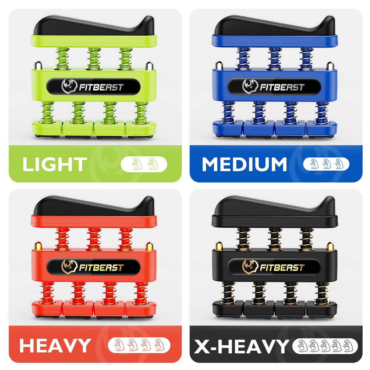 FitBeast Finger Strengthener, Finger Exerciser 4-Pack, Hand Exerciser for Improve Dexterity and Strength in Fingers, Hands, Forearms–Grip Strength Trainer for Musicians, Climbers (4 Piece Set)