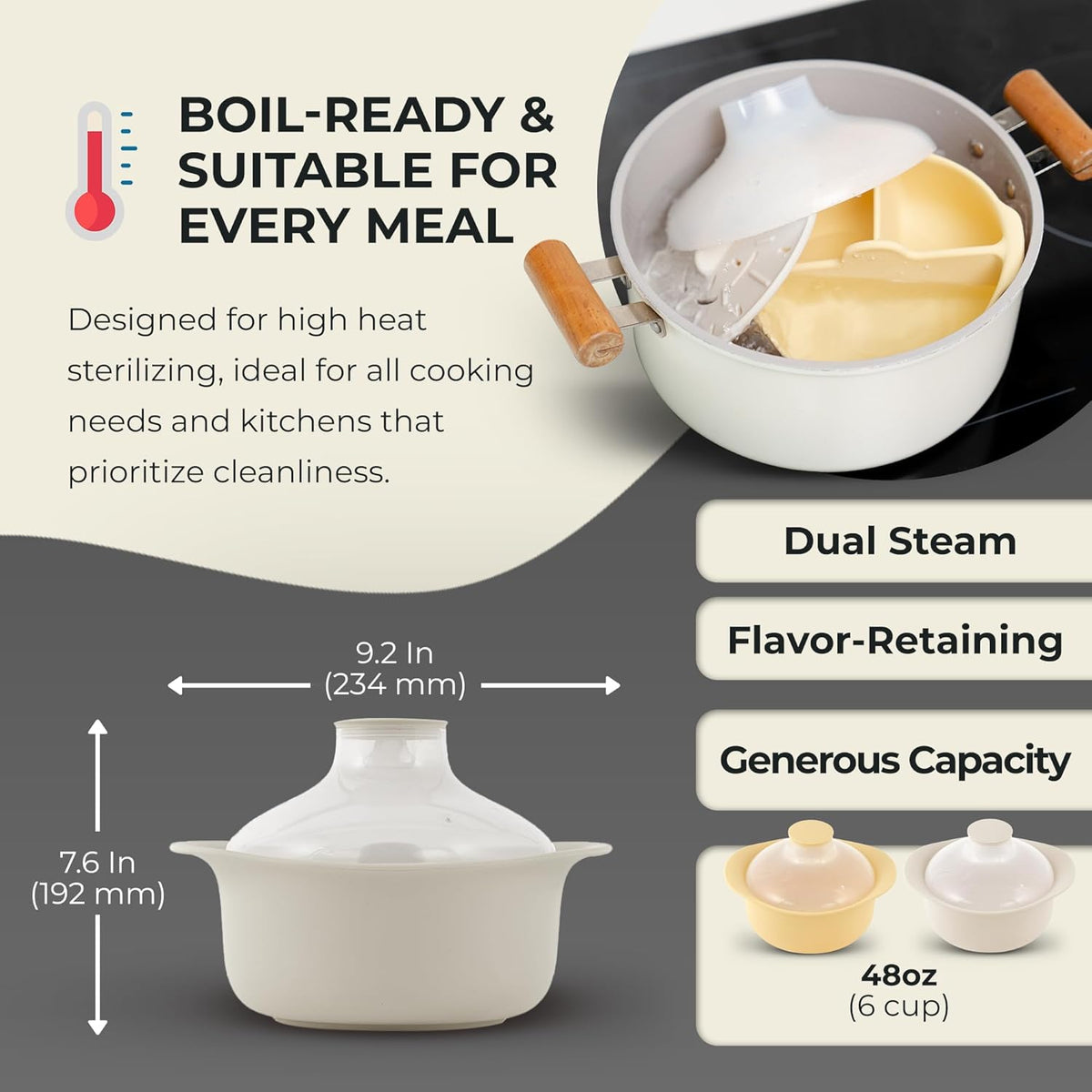 48oz Platinum Silicone 3 Compartmented Microwave Steamer Pot with Handle & Lid - Korea 100% Food-Grade Steamer Bowl, Heat-Resistant Cooker with Steam Holes, Easy Clean, Dishwasher Safe, Ivory