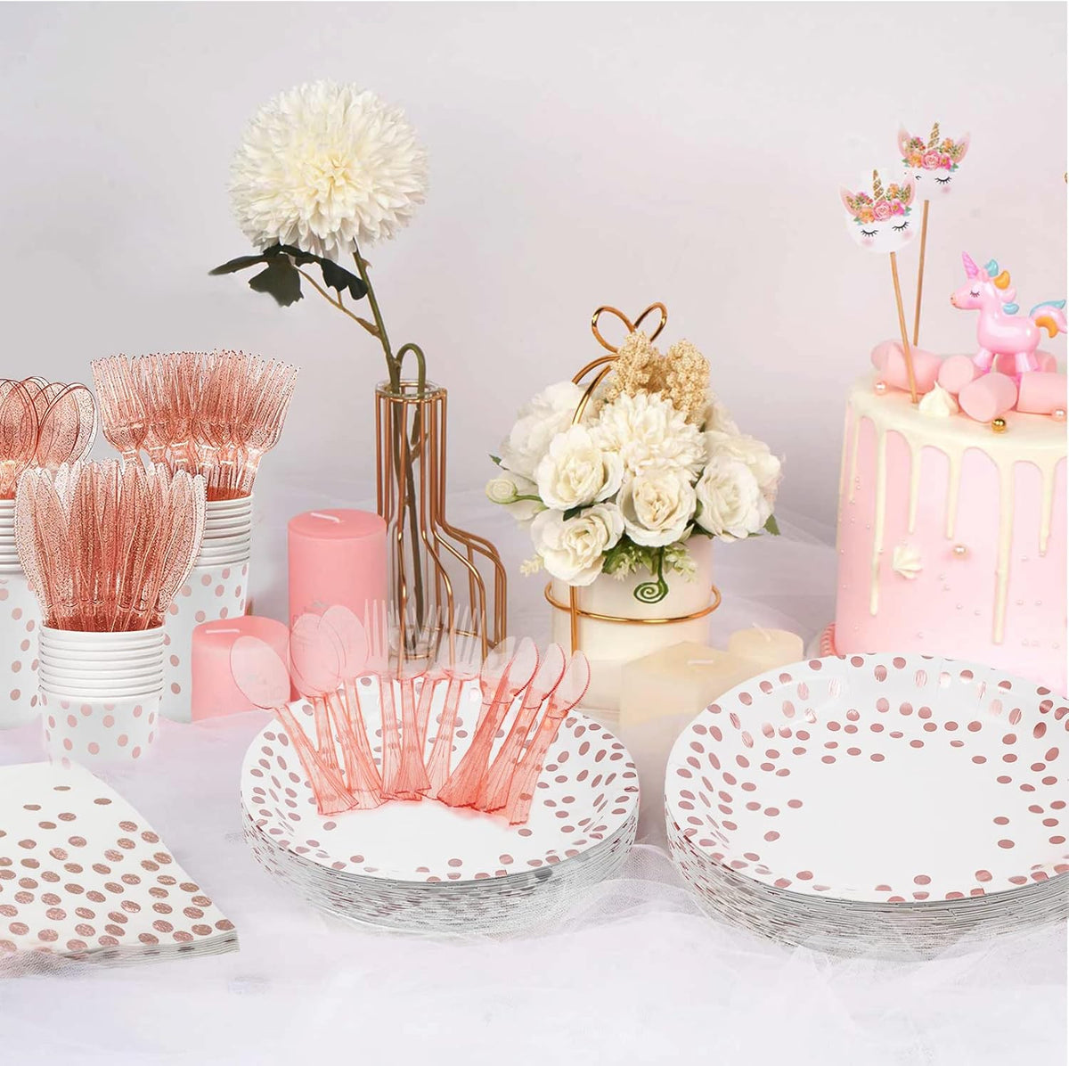 AIRE 350PCS White Rose Gold Paper Plates Party Supplies for 50 Guests Dinnerware Sets Disposable Party Decorations Paper Plates Napkins Cups Plastic Forks Knives Spoons For Birthday Wedding, Parties