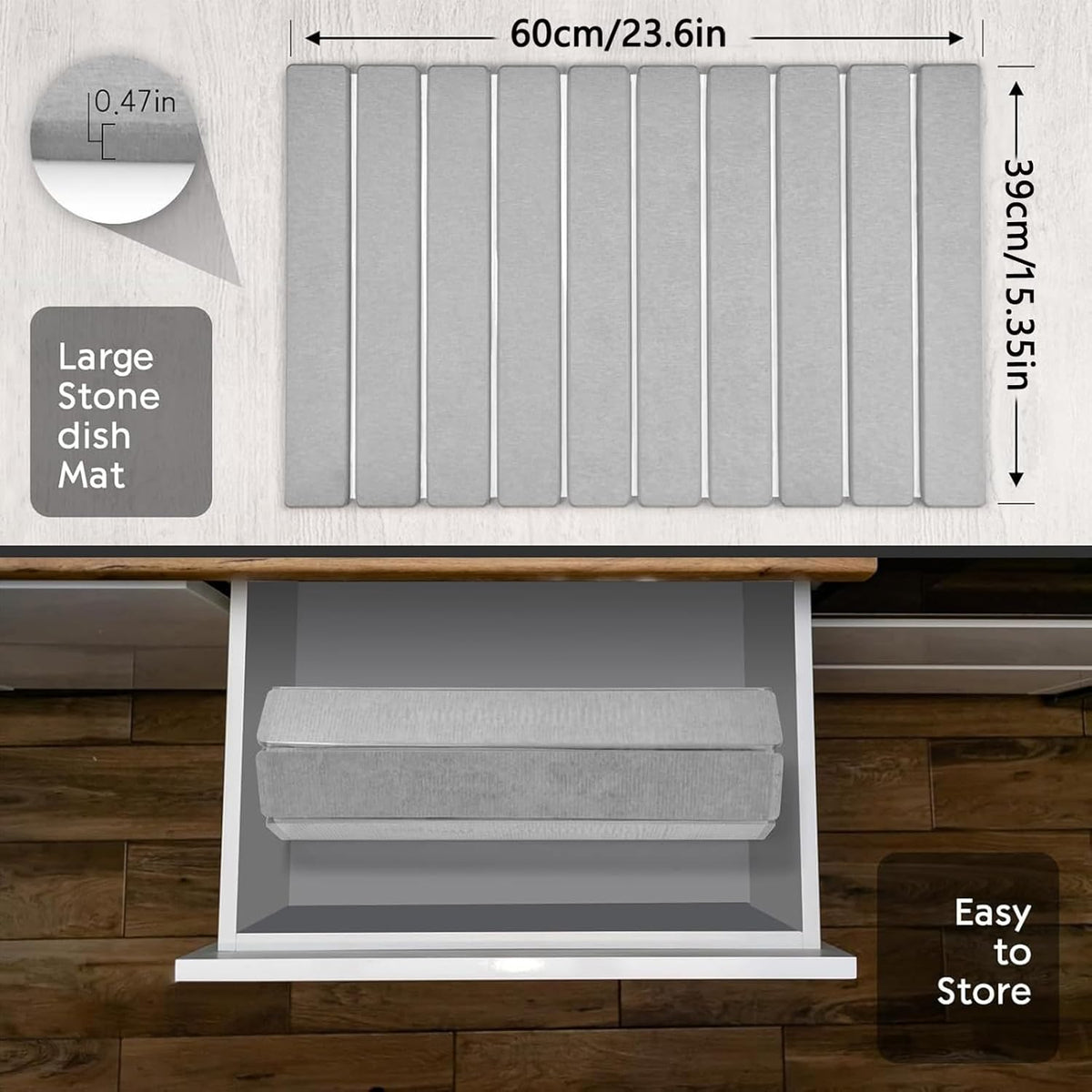 Stone Drying Mat for Kitchen Counter, Stone Dish Drying Mat Foldable, Super Absorbent Diatomaceous Earth Quick-drying Draining Mat for any Kitchen Countertop (Medium Gray B, 23.6”x15.4”)