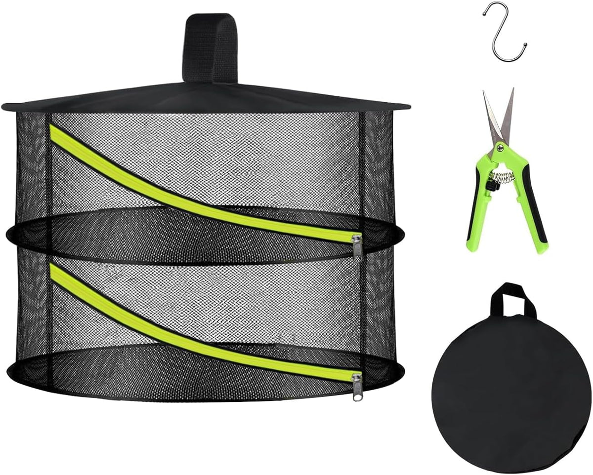 2 Layer Herb Drying Rack, Hanging Mesh Net, Foldable Plant Drying Rack with Diagonal Zipper, Garden Trimming Shears and Hooks, for Drying Herbs Plants, Fruits, Seafood, Clothing(2 Layers-23.62'')