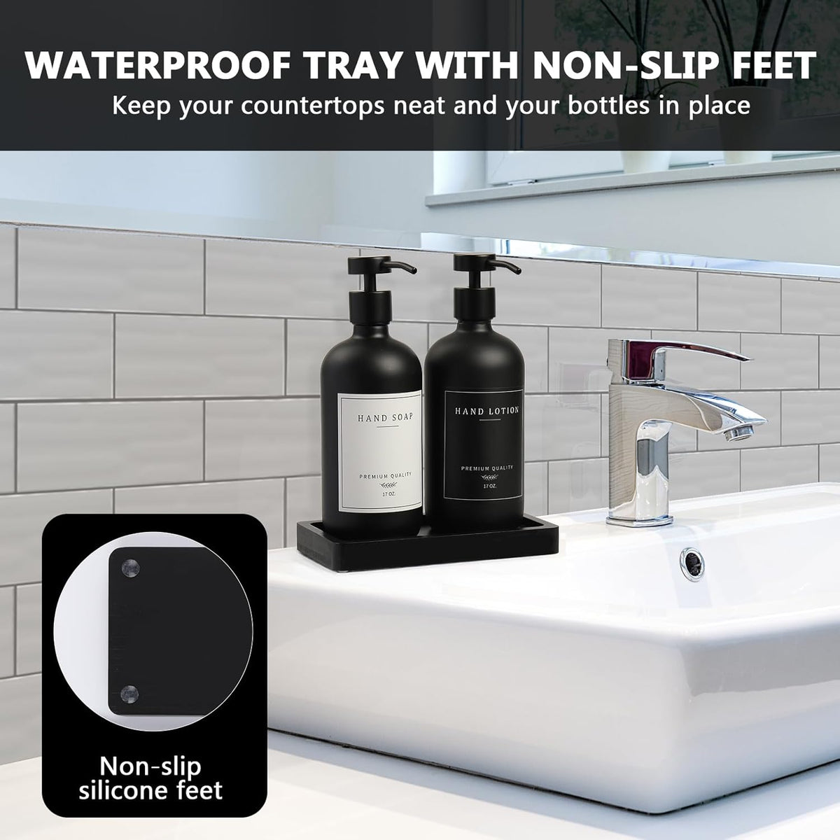 Black Soap Dispenser - Kitchen Hand Dish Soap Dispenser, Glass Bathroom Soap Lotion Dispenser with Tray, Dishwashing Liquid Dispenser, 14 Stickers, Black Bottle/Black Pump-pd