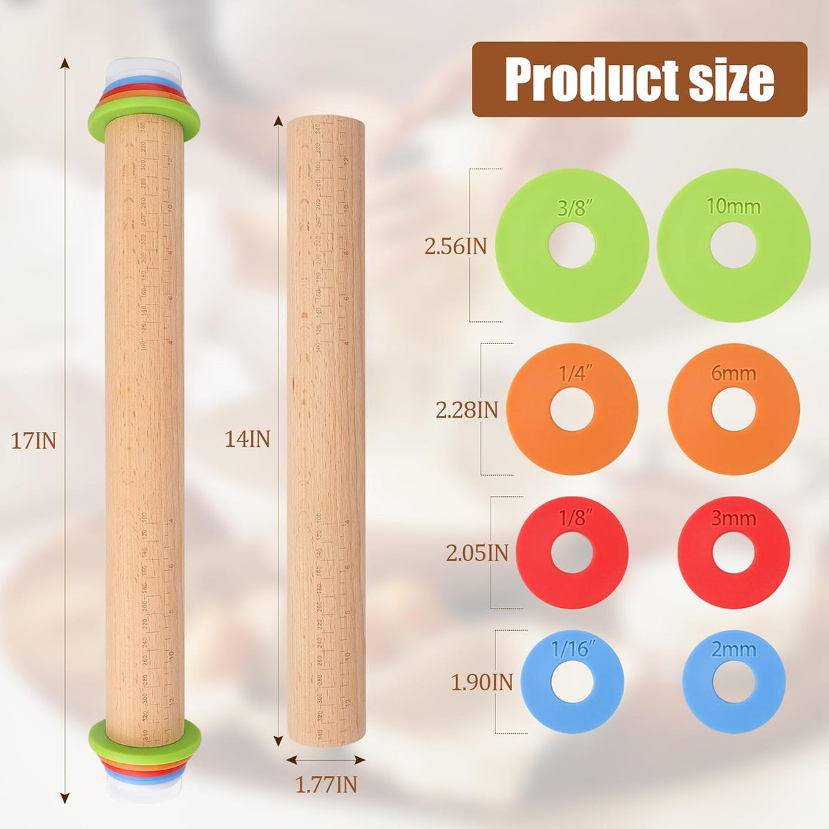 Adjustable Rolling Pin with Thickness Rings -17INCH Wood Dough Roller for Perfect Baking, Fondant & Cookies Ideal Rolling Pin for Dough & Cookie Decorating Supplies