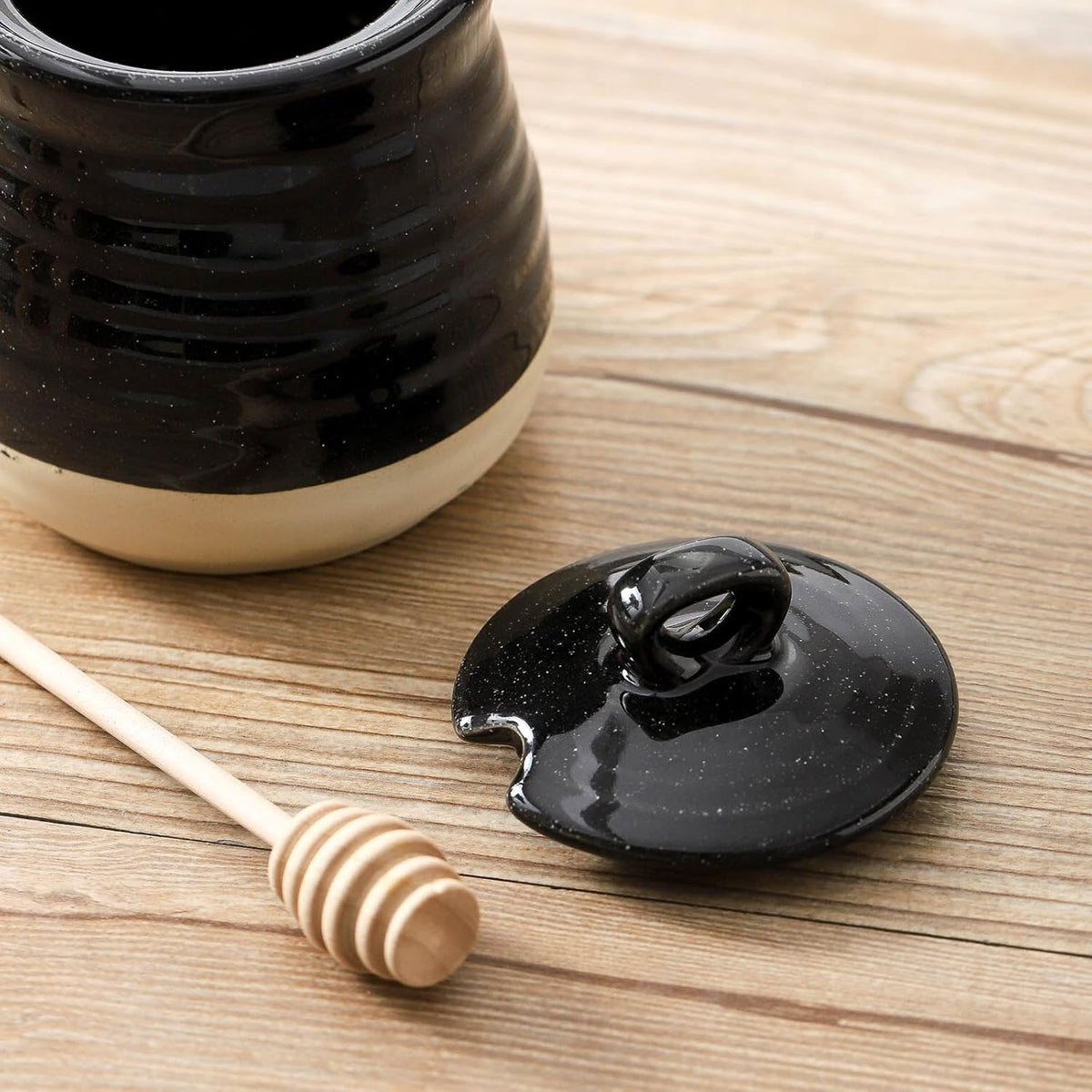 Ceramic 12 Ounce Honey Jar and Dipper Set,Porcelain Honey Pot with Lid and Wooden Dipper,Cute Honey Containers for Party,Holiday,Halloween Favors,Farmhouse Kitchen Decor,Dishwasher Safe,Black