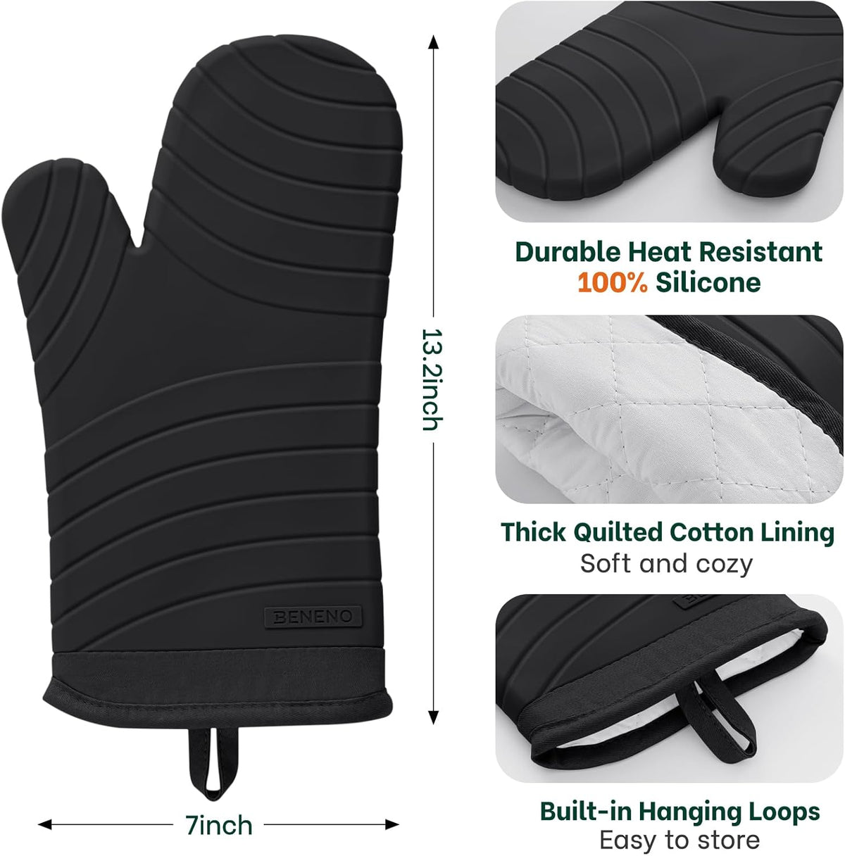 Beneno BPA-Free Silicone Oven Mitts, Heat Resistant Waterproof Oven Mitts with Non-Slip Textured Grip, Comfortable Quilted Lining, Kitchen Pot Holders for Cooking, Baking, Grilling, 7"x13", 2Pcs Black