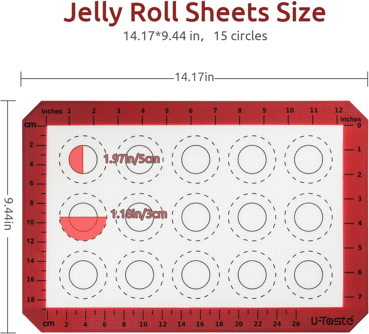 446ºF Heat Resistant Macaron Mat: U-Taste 14.17x9.44in Non Stick Silicone Baking Mat, Reusable Cookies Pastry Sheet Liner with Edge Enhancement & Circle Measurement for Cake Pan (Red)