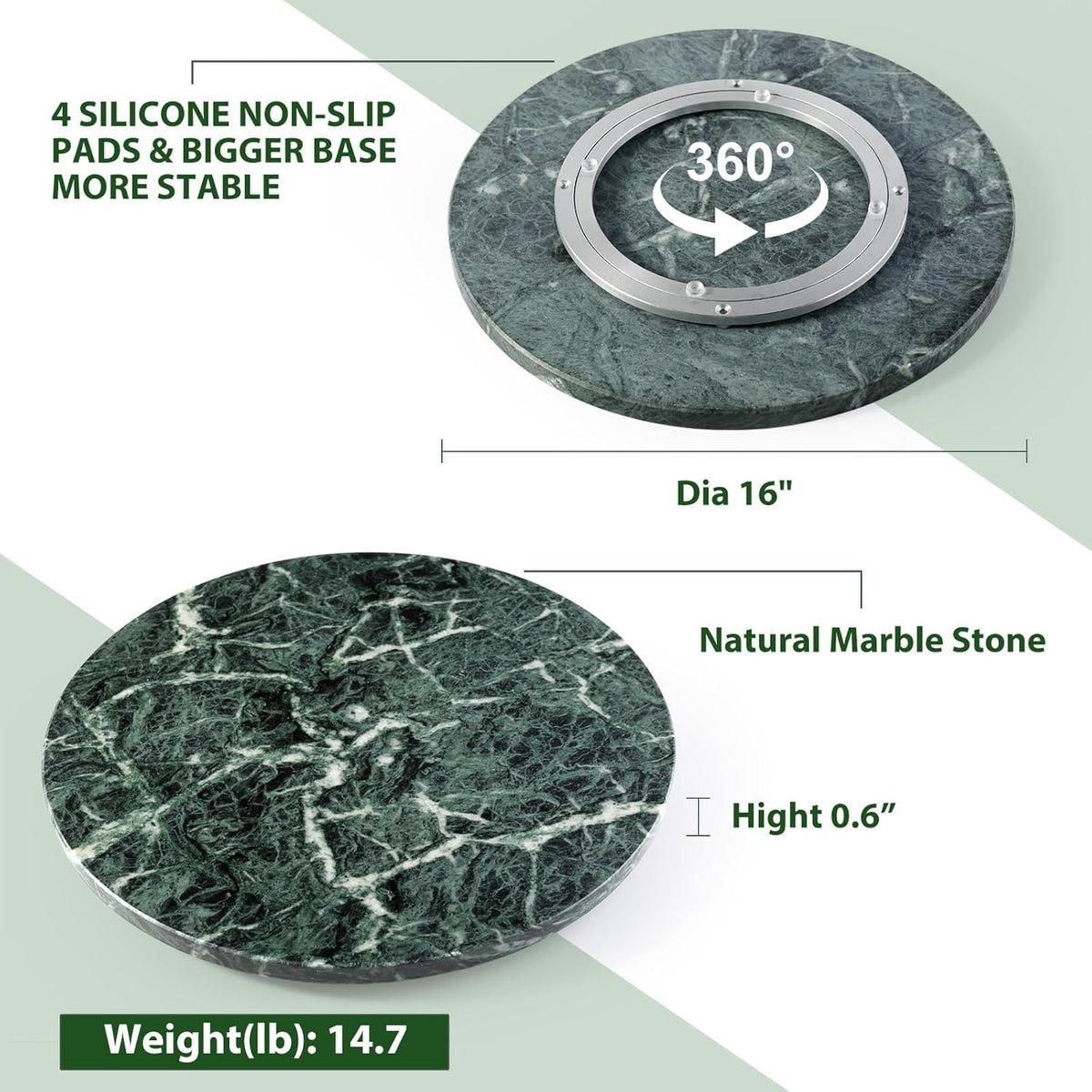 Marble Lazy Susan, 16 in Turntable Organizer for Cabinet Pantry Kitchen Countertop Fridge Bathroom Makeup Vanity Countertop, Detachable Organizer (Indian Green)