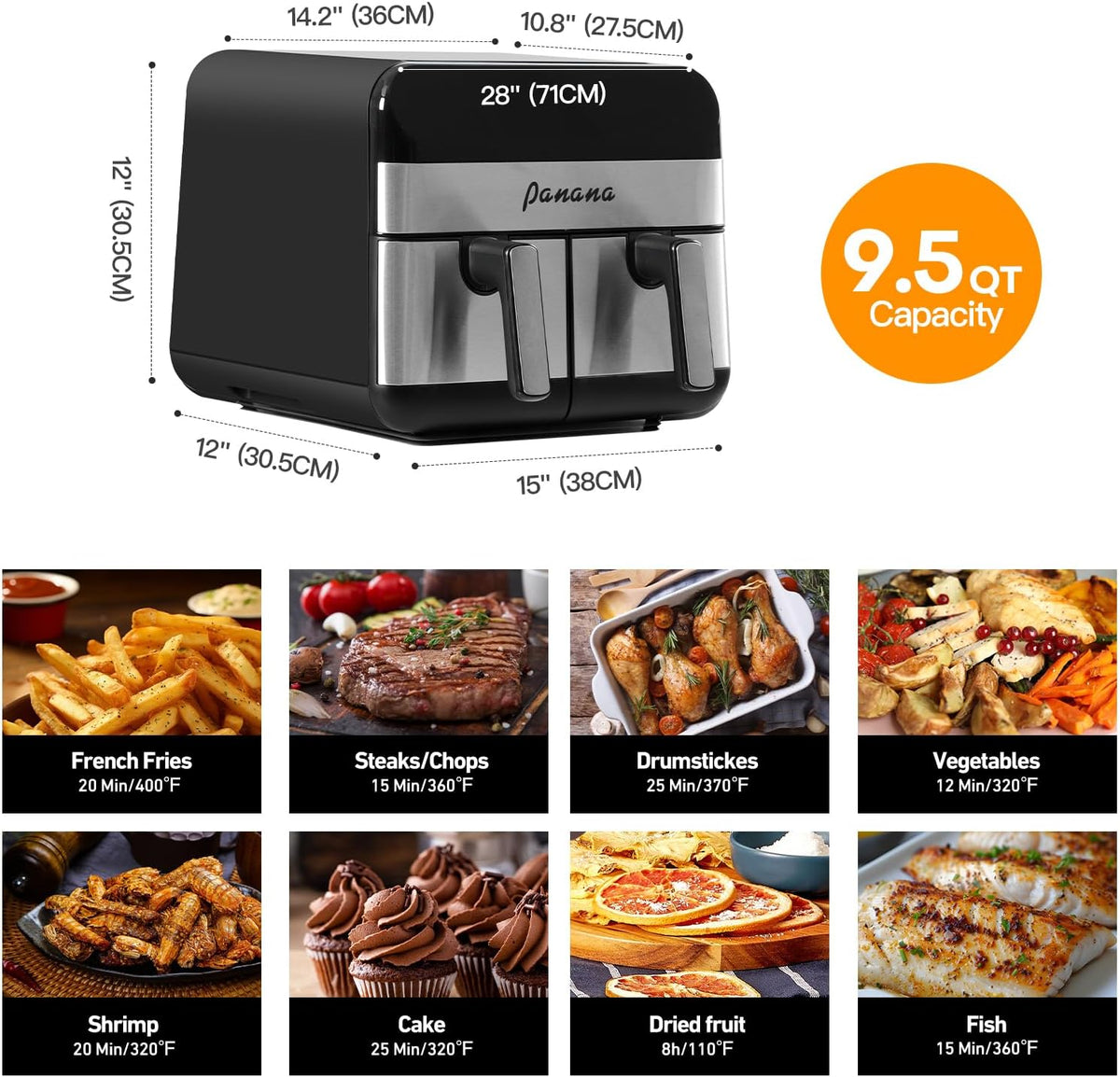 Panana Air Fryer 9.5 Quart Air Fryer with Dual Basket for Quick and Easy Meals, 8 Pre-set Function Air Fryer for Family and Childern, Christmas Gift New Year Gift