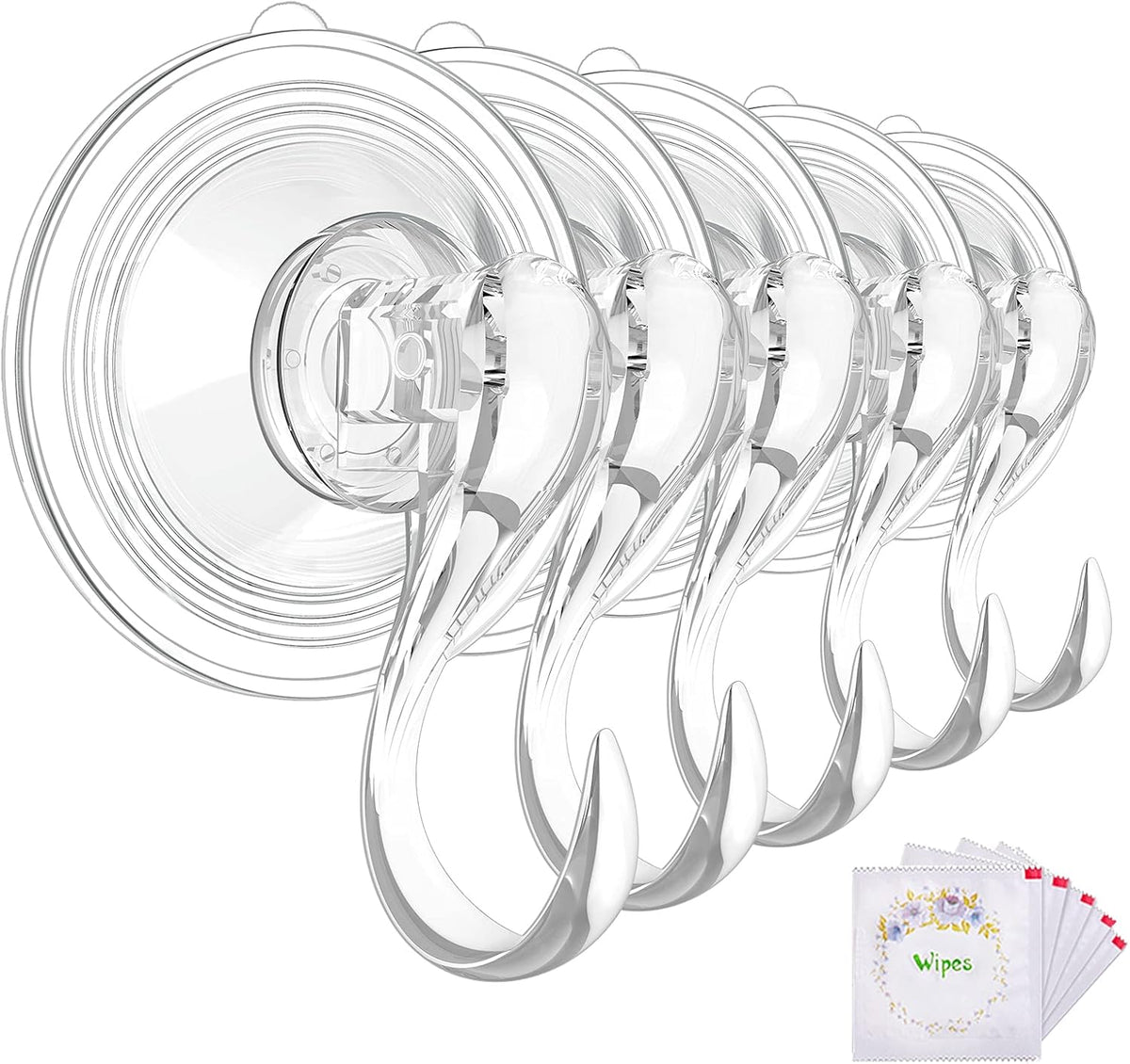 VIS'V Large Suction Cup Hooks with Wipes, Heavy Duty, Removable and Reusable, Clear, 5 Pcs