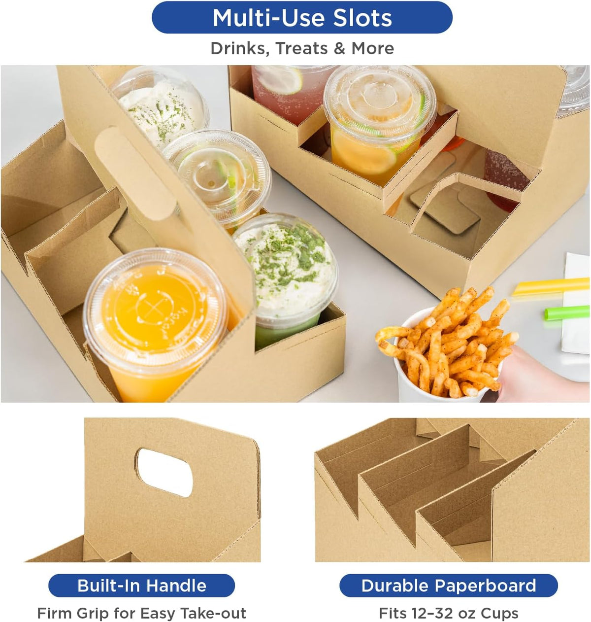 Karat [100ct Drink Carrier with Handle - Sturdy Paperboard Kraft Coffee Cup Carrier for Hot/Cold Beverages, Fits 10-32 oz Cups - Eco-Friendly, Disposable To-Go Drink Holder (6-Cup)