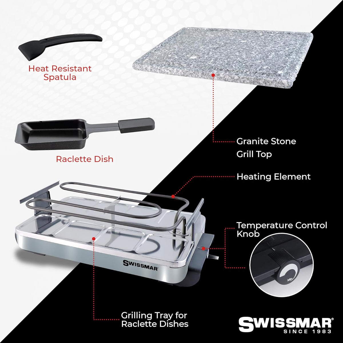 Swissmar Stelvio Raclette Party Grill with Granite Stone Non-Stick Grill Plate/Crepe Top, Outdoor & Indoor Electric BBQ Grill, Samgyupsal Griller - Brushed Stainless Steel - 8-Person - Silver
