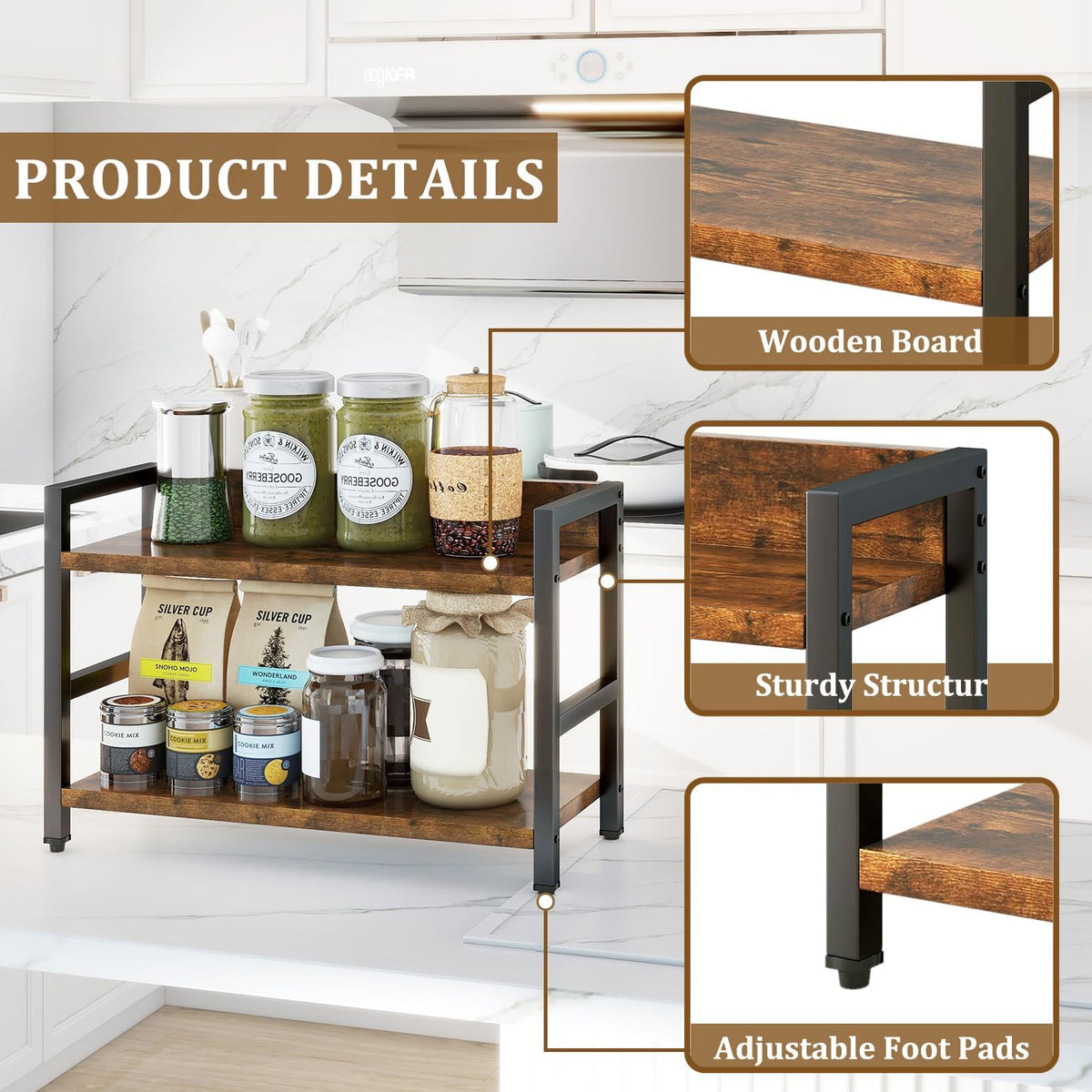 IBUYKE 2-Tier Spice Rack Industrial Counter Shelf Desktop Storage Organizer Standing Seasoning Rack for Countertop Kitchen Office Living Room Desktop Rustic Brown UTLJ002H