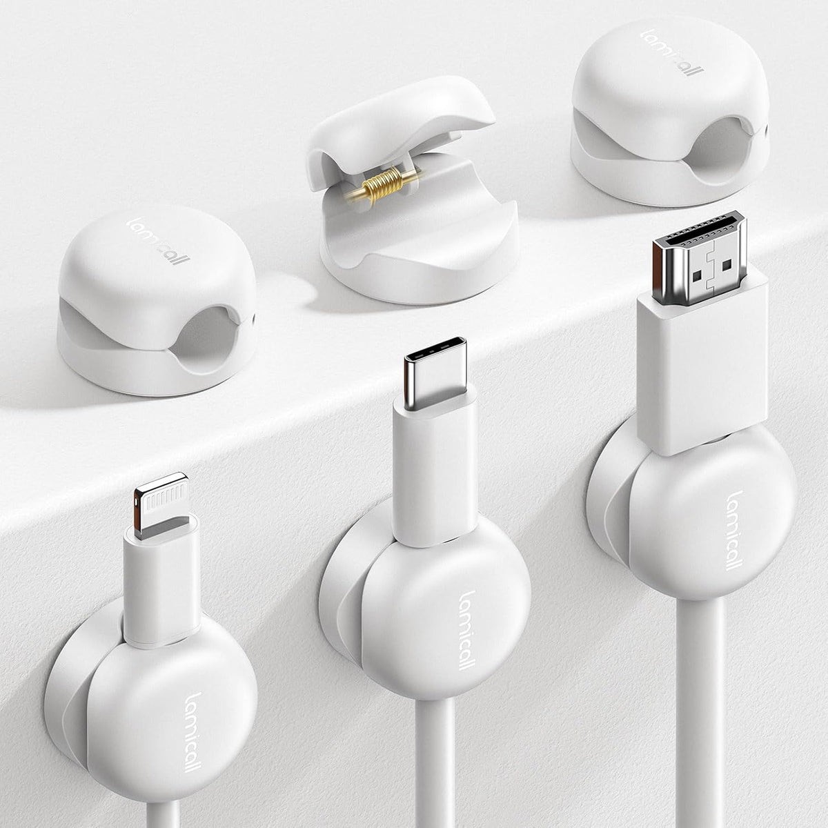 Lamicall Cord Organizer, Spring Cable Management Clips - 6Pack Compact Desk Cable Holder Clips, Nightstand Phone Charging Cord Holder, Halloween Adhesive Wire Organizer, Office Accessory, White