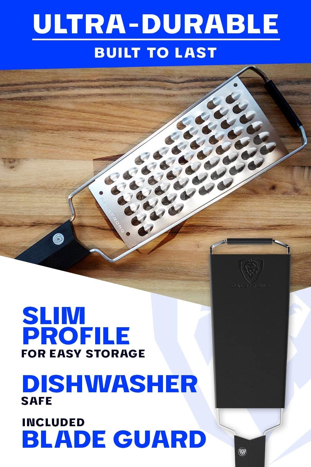 Dalstrong Professional Wide Cheese Grater - Extra Coarse - #304 Stainless Steel Blade - G10 Handle Kitchen Shredder - w/Blade Guard - Fruits & Vegetables, Hard Cheese, Chocolate - NSF Certified