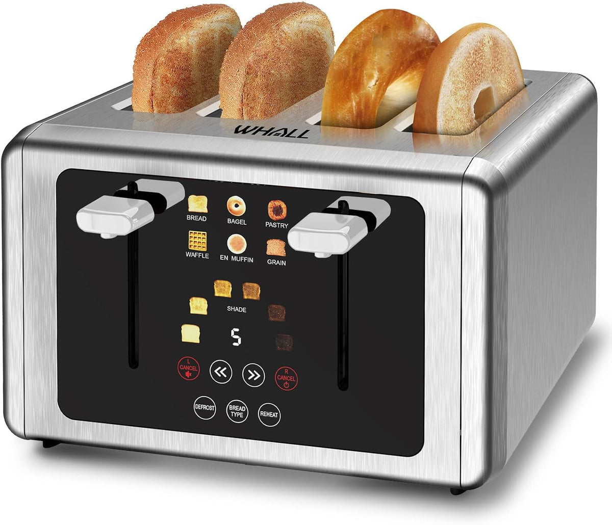 whall 4 Slice Touch Screen Toaster, Stainless Steel Toasters Digital Timer, Dual Control Panel Toasters，6 Shade Settings＆6 Bread Types, Smart Wide Slots, Bagel, Cancel, Defrost,Flat lever Silver