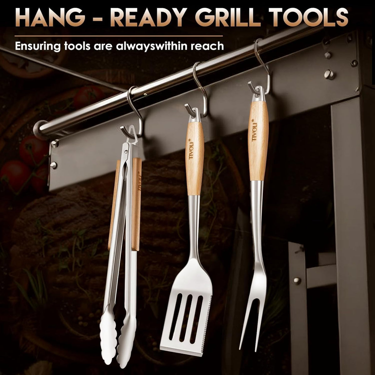 TIVOLI 3PCS Grilling Accessories, Heavy Duty BBQ Tool Set with Stainless Steel Spatula, Tongs, Fork, Wood Handles Barbecue Utensils Kit for Outdoor, Perfect Grill Gifts for Dad Men
