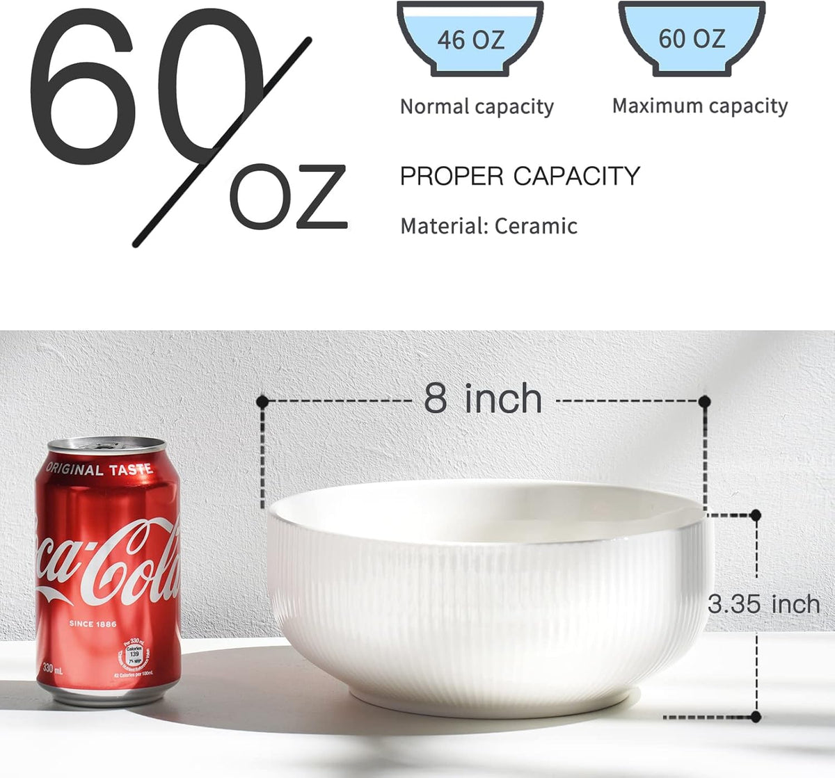 getstar Salad Bowl, 8 inch 60 oz Large Serving 2 Packs Ceramic Bowl Set, Microwave & Freezer Safe, Bowl Set of 2 For Fruit Soup Pasta Popcorn (White)