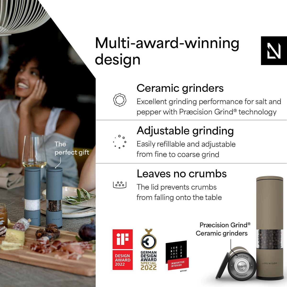 LARS NYSØM Salt and Pepper Grinder Set Manual, Stainless Steel Salt and Pepper Mills with Adjustable Ceramic Grinder I Design Spice Shakers (Taupe Brown)
