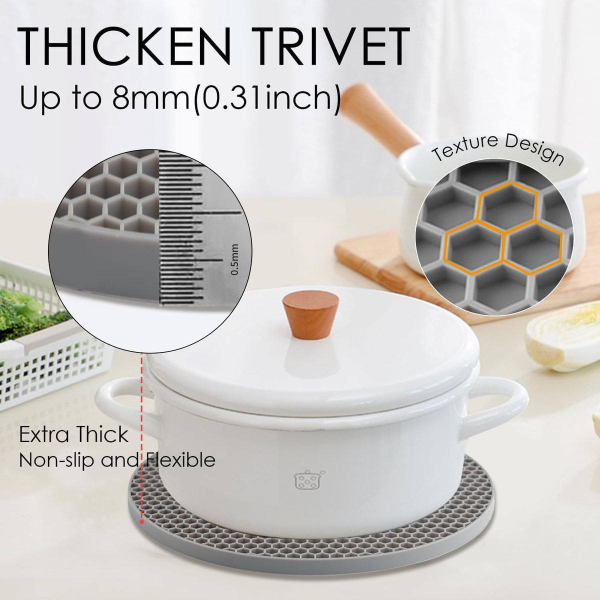 Silicone Trivet Mats, Silicone Pot Holders for Hot Pots and Pans, Heat Resistant Counter Mats for Tables, Countertops, Spoon Rest and Large Coasters, 4 Pack Gray Trivets for Hot Dishes