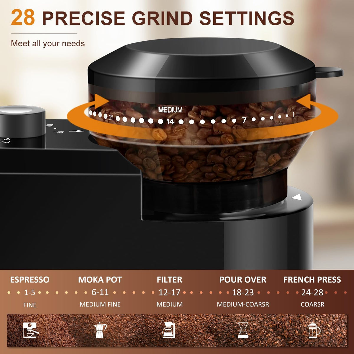 Electric Burr Coffee Grinder,Adjustable coffee grinder with 28 Precise Grind Setting for French Press, Drip Coffee and Espresso,12 Cups, (Black+Gray)