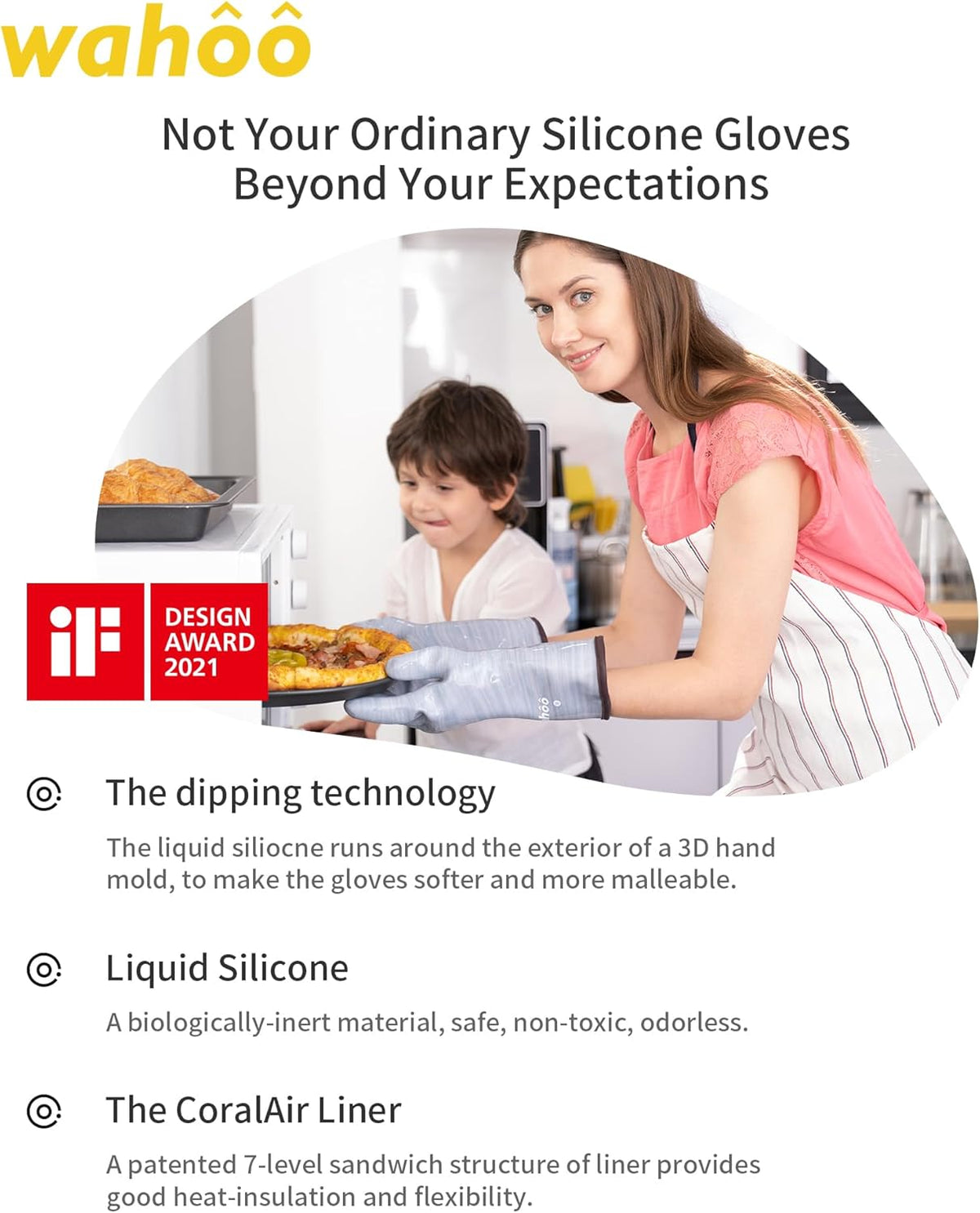 wahoo Professional Liquid Silicone Oven Mitts Gloves, Heat Resistant Gloves for Cooking, Baking, CoralAir Liner, 12 Inch, Purple, Large