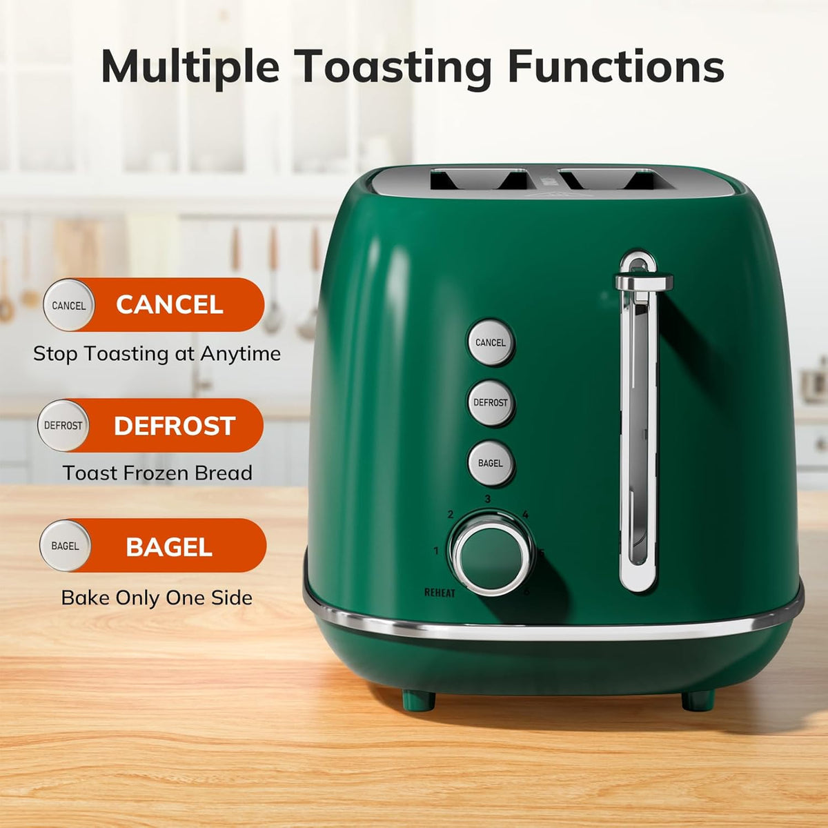 Toaster 2 Slice Stainless Steel with 6 Bread Shade Settings, Bagel, Cancel, Defrost Function, Retro 2 Slice Toaster with Extra Wide Slot, Removable Crumb Tray, dark green
