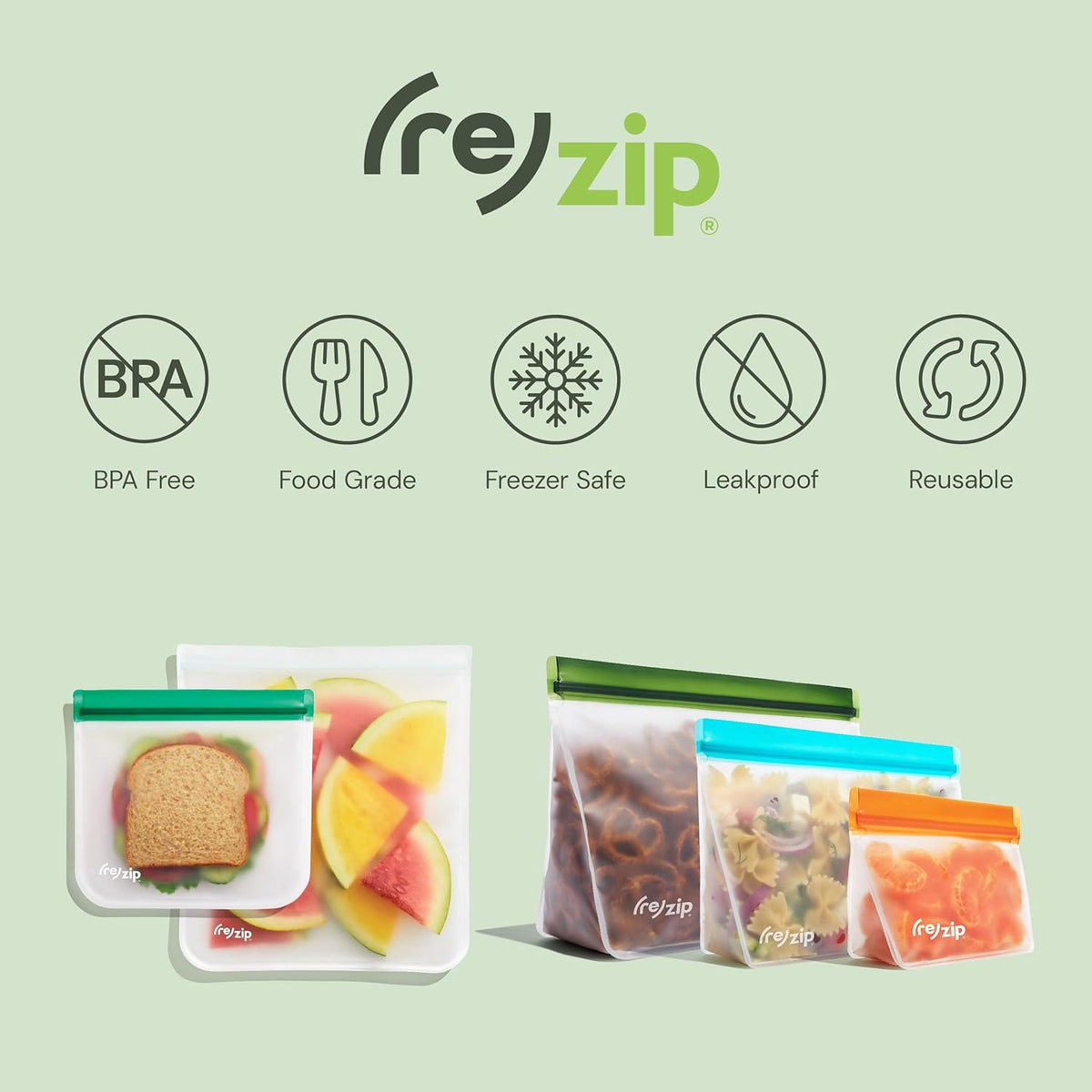 (re) zip 5-pack Reusable Sandwich Lunch Food Storage Bags (28 Fl Oz, 3.5 Cup) | BPA-Free, Food Grade, Leakproof, Freezer Safe, Dishwasher Safe, Travel Friendly | Jewel Tones for Easy Organization