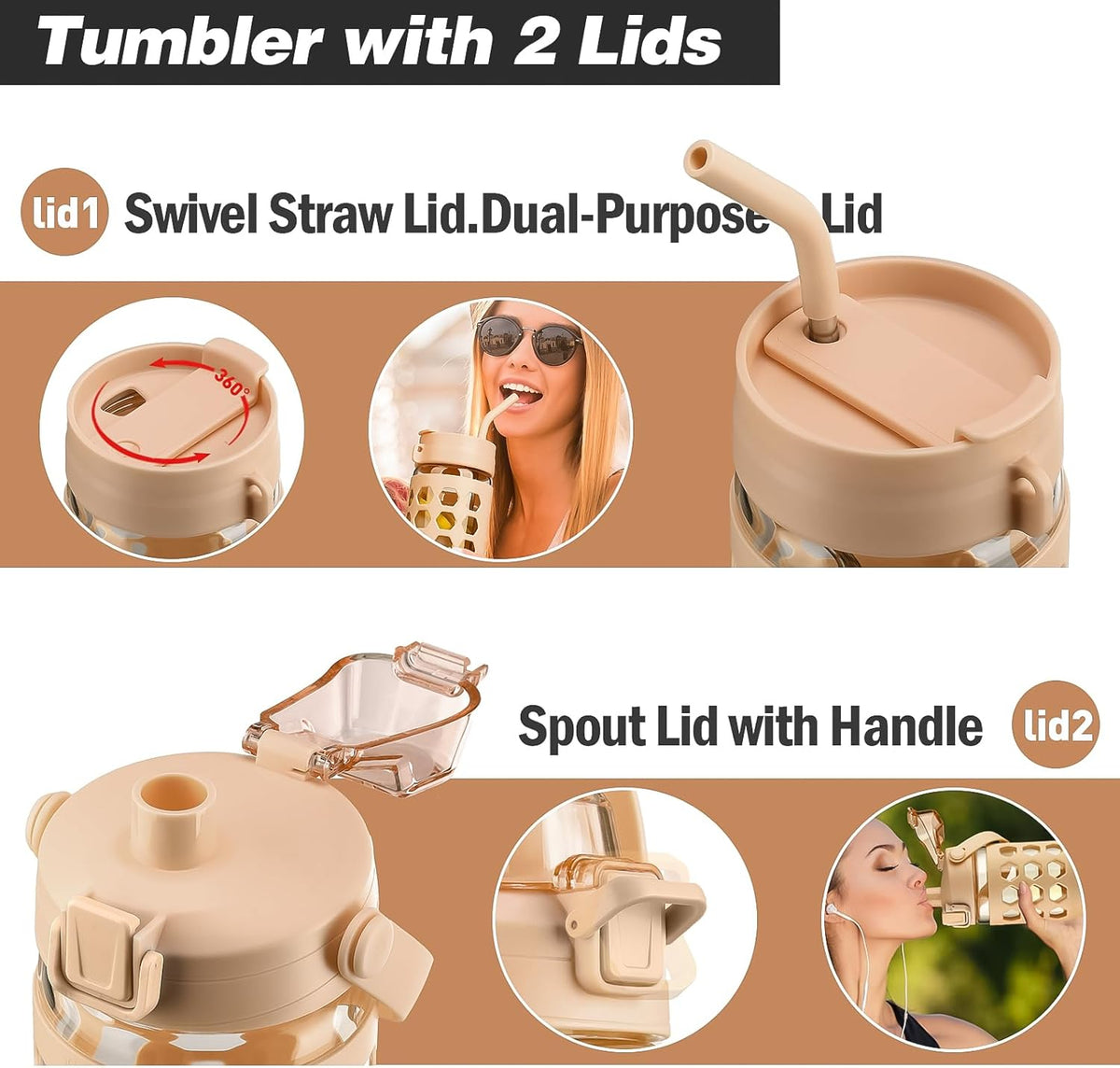 MUKOKO 32 oz Glass Tumbler with Straw,Glass Water Bottles with Time Marker,Iced Coffee Cup with 2 Lids-Handle Spout Lid&Straw Lid,Silicone Sleeve,Leakproof,1 Pack-Amber