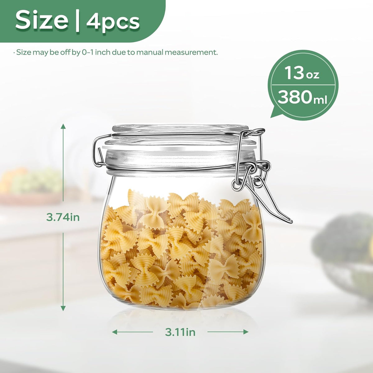 Glass Food Storage Jars with Airtight Lids 13 oz Round 4 Pack Kitchen Storage Containers Small Cabinet Canisters Sealed Pot Canning for Pasta, Cereal, Coffee, Beans, Spice