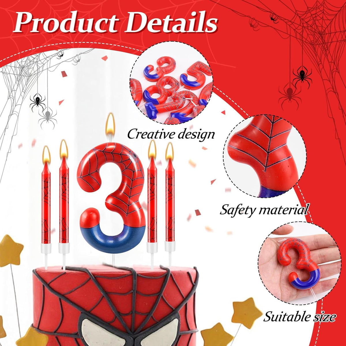 13 Pcs Spider Themed Birthday Candle Set Red Spider Theme Number 3 Candle Cake Topper for Boys Girls Birthday Decoration Spider Party Decoration Supplies (Number 3)