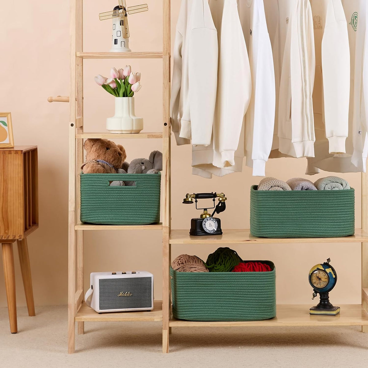 Large Storage Baskets for Shelves, Closet Organizers Bins for Clothes Blanket Towels, Baby Nursery, Toy Baskets Box, Woven Rope Baskets, 17 x 13 x 7.5”, 3 Packs Green
