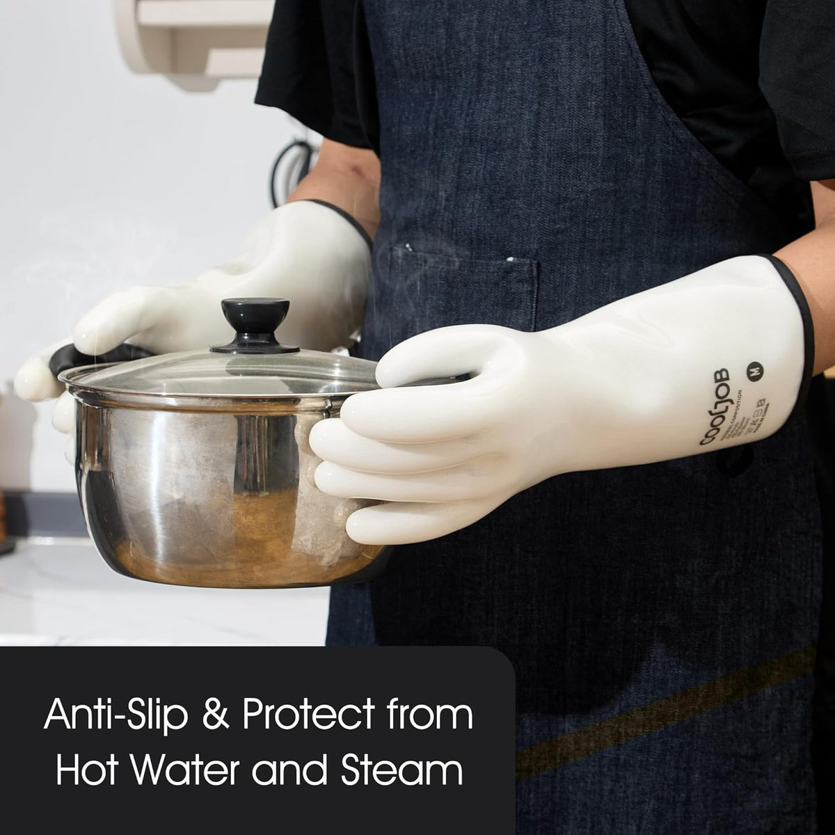 COOLJOB Heat Resistant Oven Gloves, Waterproof Liquid Silicone BBQ Grilling Gloves for Barbecue, Kitchen Cleaning, Baking, Food Contact, White, Large