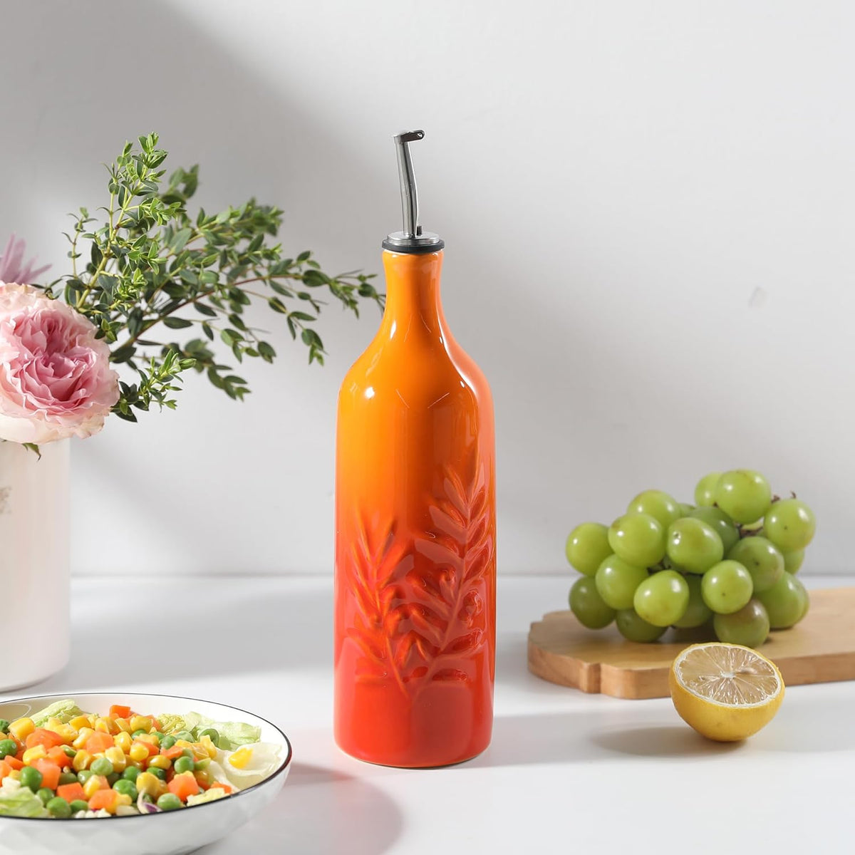 Sweejar Ceramic Olive Oil Dispenser Bottle, 24 Oz Relief Opaque Oil Cruet Protects To Reduce Oxidation, Suitable for Storage Soy Sauce, Coffee Syrup, Liquids, Set of 1 (Gradient Orange)