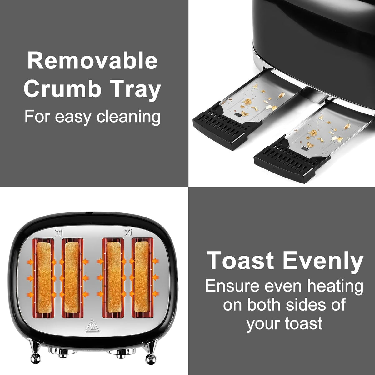 CUSIMAX Retro 4-Slice Toaster with Wide Slots, Stainless Steel, 6 Toast Settings, Bagel, Cancel, Defrost & Reheat Functions, Dual Independent Control Panels, Black