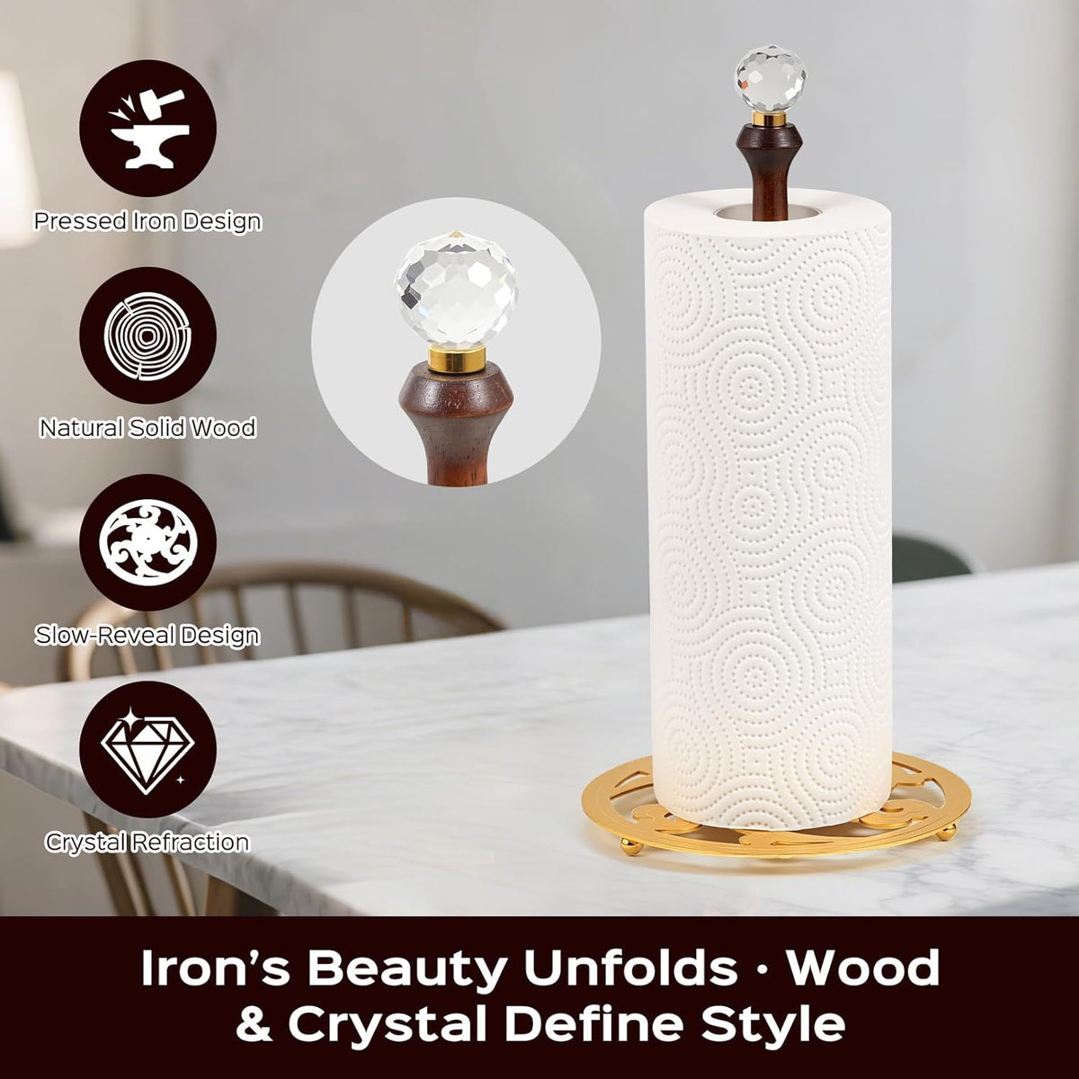 Wooden Countertop Paper Towel Holder,Iron Base with Die-Cast Pattern, Solid Wood Rod & Crystal Finial Top,Slow Reveal Artistry, Stable&Durable, Easy Install - Elevates Kitchen Décor(Gold)